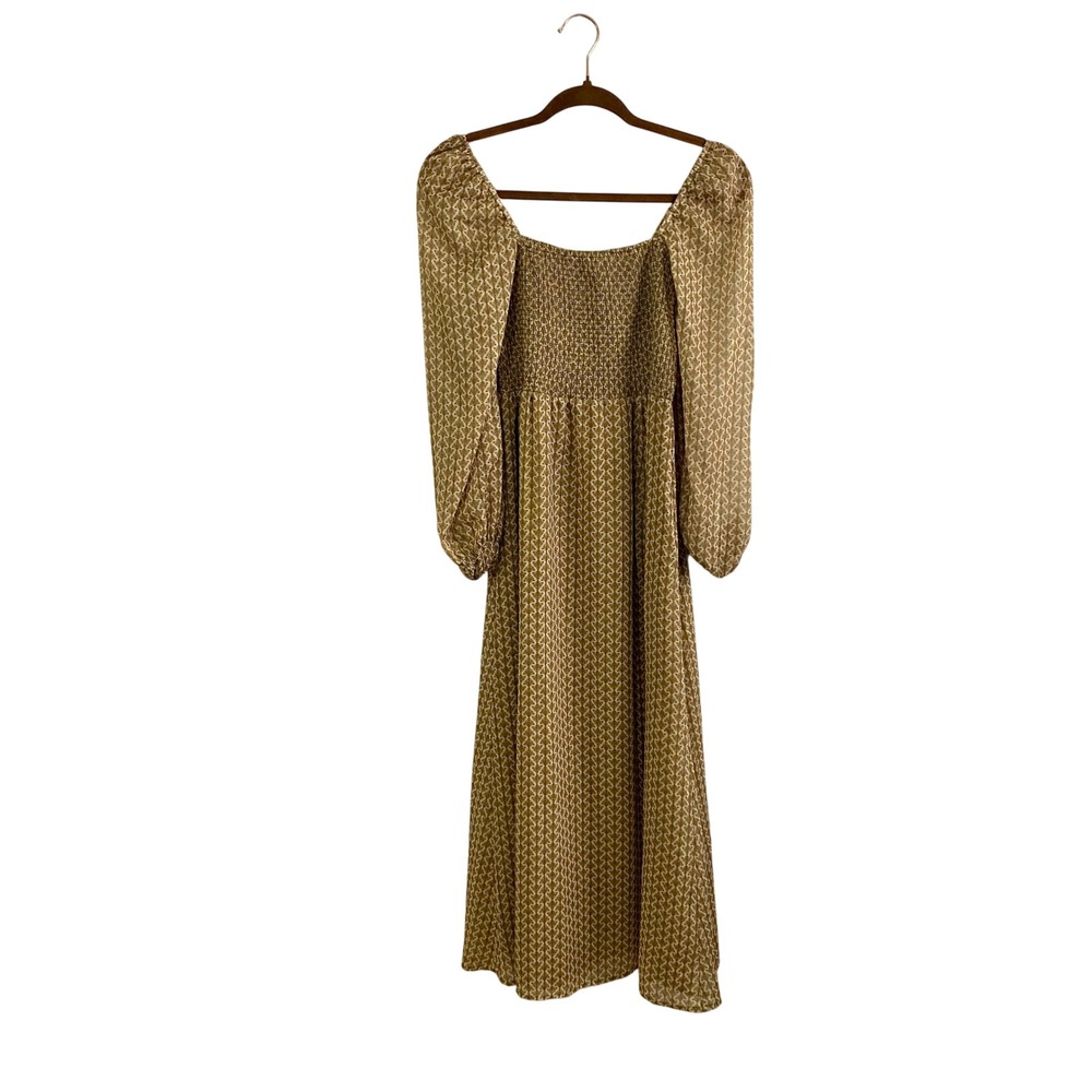 o.p.t Smocked Maxi Dress XS‎ Gold Metallic Fan Print Long Sleeve Boho